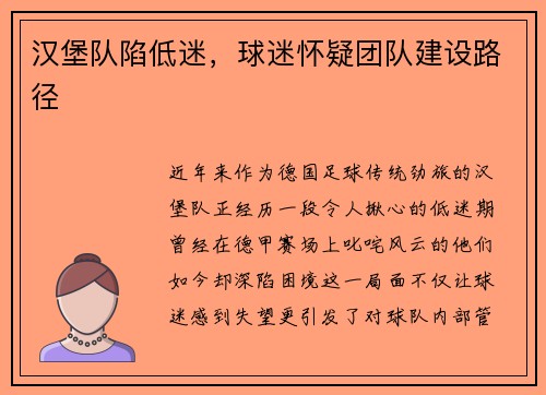 汉堡队陷低迷，球迷怀疑团队建设路径