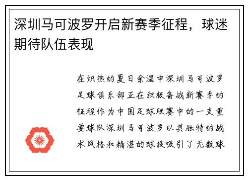 深圳马可波罗开启新赛季征程，球迷期待队伍表现