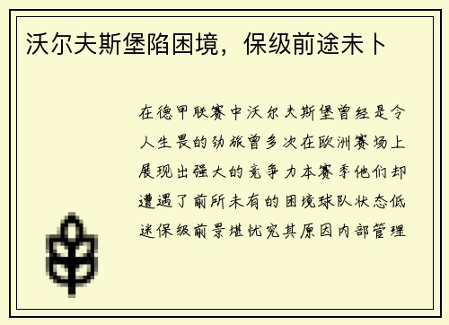 沃尔夫斯堡陷困境，保级前途未卜