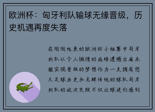 欧洲杯：匈牙利队输球无缘晋级，历史机遇再度失落