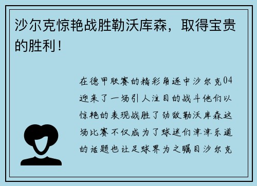 沙尔克惊艳战胜勒沃库森，取得宝贵的胜利！