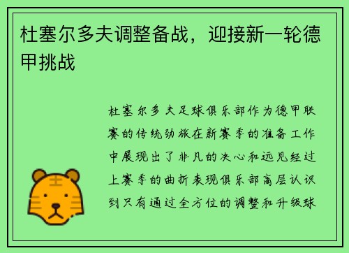 杜塞尔多夫调整备战，迎接新一轮德甲挑战