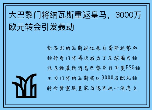 大巴黎门将纳瓦斯重返皇马，3000万欧元转会引发轰动