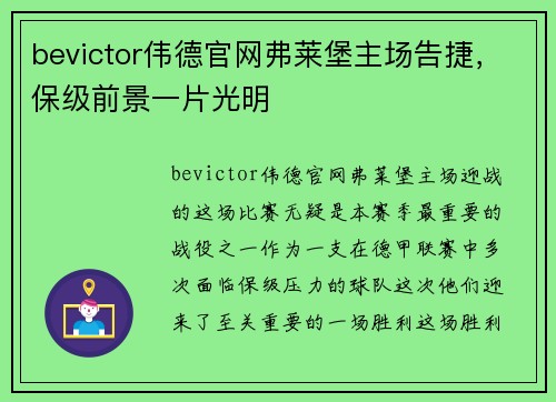 bevictor伟德官网弗莱堡主场告捷，保级前景一片光明